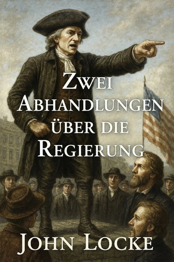 Book cover for 'Zwei Abhandlungen über die Regierung' by John Locke, featuring a historical painting of a colonial figure pointing toward an American flag, with the title and author name in large white text.
