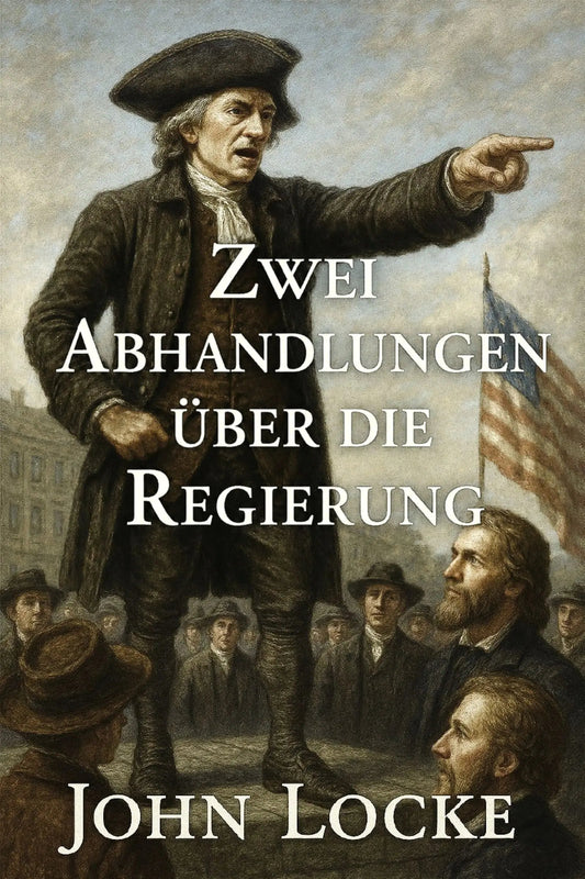 Book cover for 'Zwei Abhandlungen über die Regierung' by John Locke, featuring a historical painting of a colonial figure pointing toward an American flag, with the title and author name in large white text.