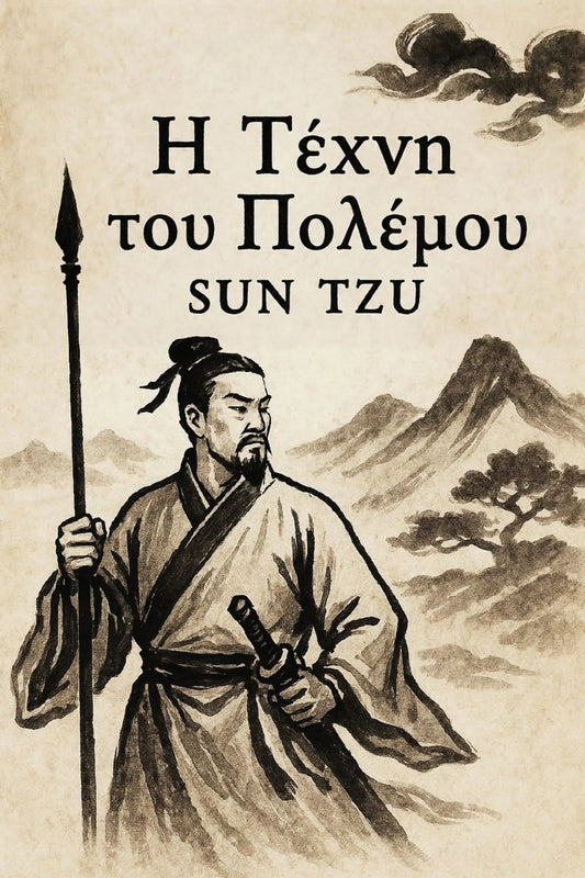 Book cover for 'Η Τέχνη του Πολέμου' featuring a sepia-toned illustration of a man in traditional robes holding a spear, with mountains and clouds in the background.