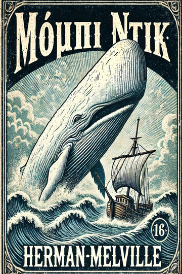 Vintage-style illustrated book cover for 'Μόμπι Ντικ' featuring a large whale rising from ocean waves near a sailing ship.