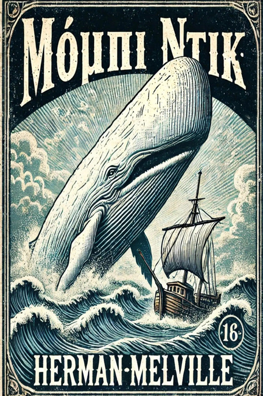 Vintage-style illustrated book cover for 'Μόμπι Ντικ' featuring a large whale rising from ocean waves near a sailing ship.