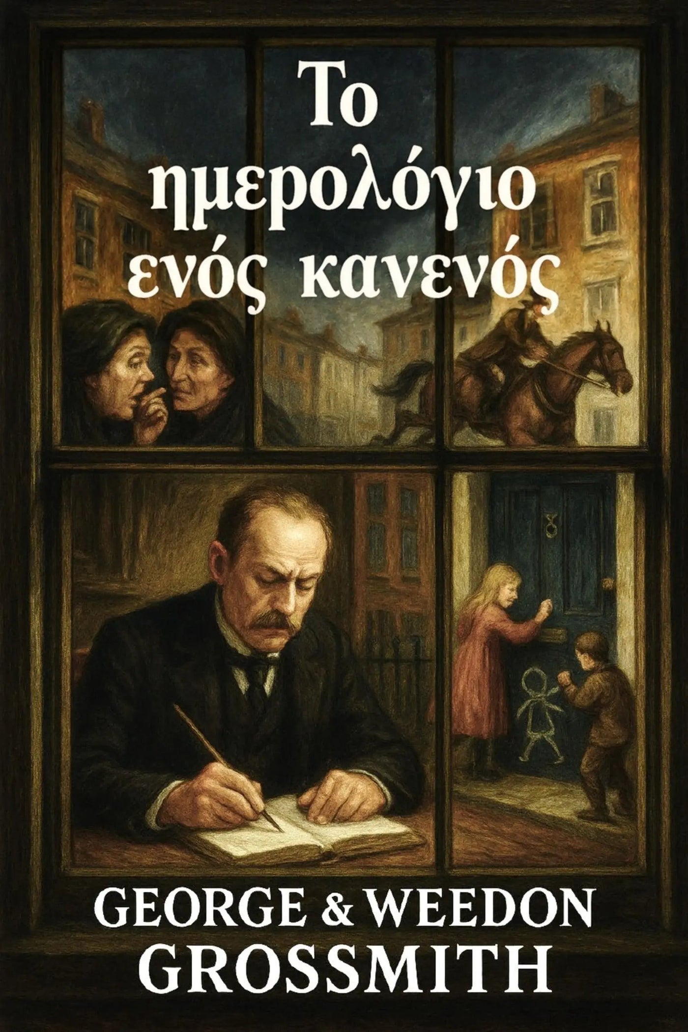 Book cover for 'Το ημερολόγιο ενός κανενός' by George & Weedon Grossmith, featuring a dark, multi-panel illustration of Victorian-era scenes viewed through a window, with the title in white Greek text and the authors' names at the bottom.