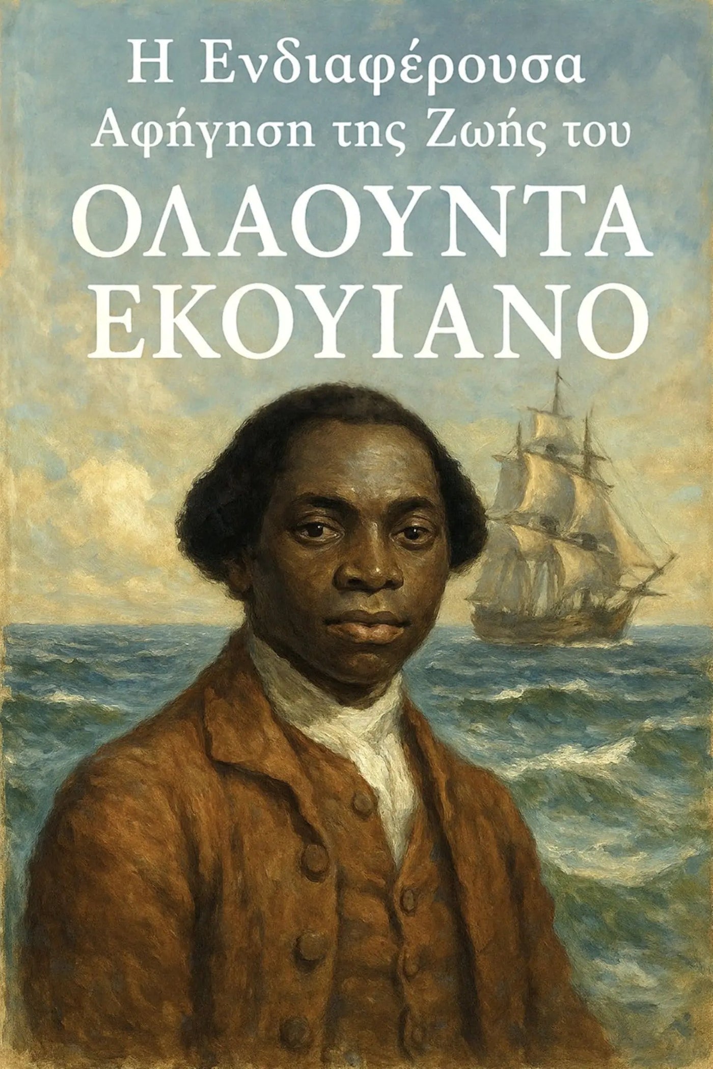 Book cover for 'Η Ενδιαφέρουσα Αφήγηση της Ζωής του Ολαούντα Εκουιάνο' featuring a painted portrait of a man in a brown coat against an ocean scene with a ship, with large white Greek text at the top.