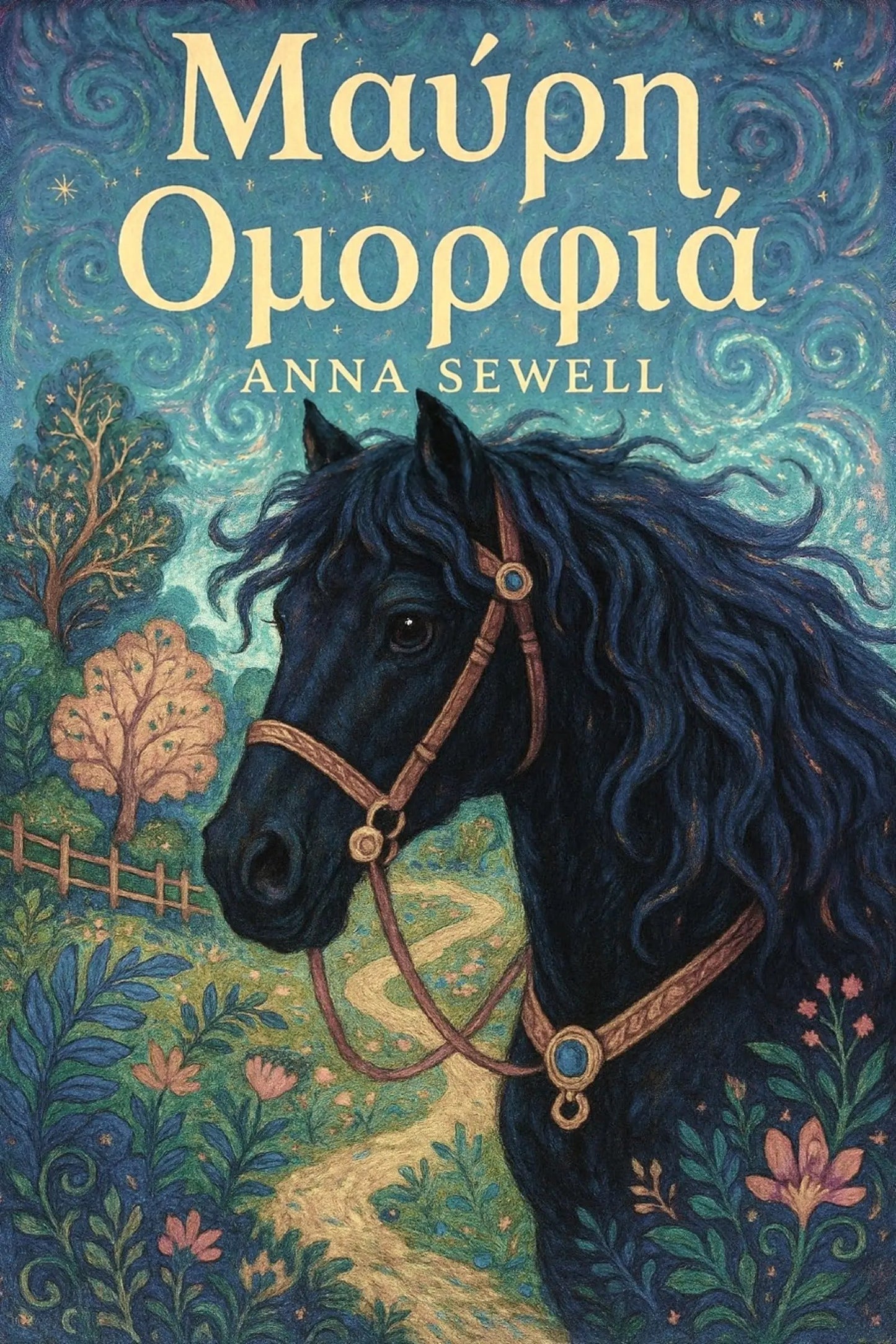 Book cover for 'Μαύρη Ομορφιά' by Anna Sewell, featuring an illustration of a dark horse with a brown bridle against a swirling teal sky and a path through a floral landscape.