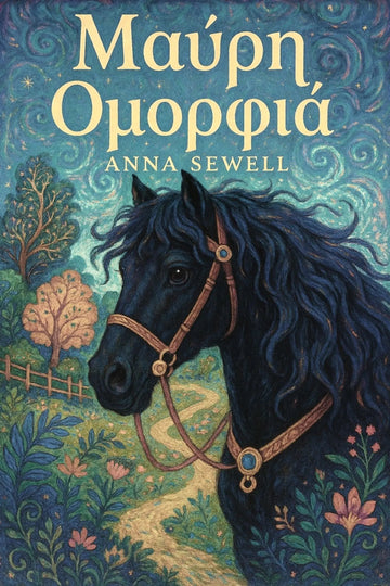 Book cover for 'Μαύρη Ομορφιά' by Anna Sewell, featuring an illustration of a dark horse with a brown bridle against a swirling teal sky and a path through a floral landscape.