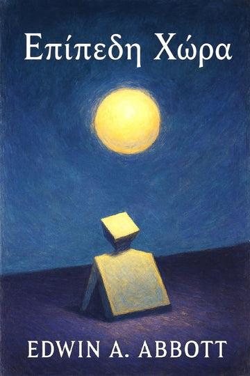 Book cover for 'Επίπεδη Χώρα' by Edwin A. Abbott, featuring a textured painting of a glowing yellow moon over a stylized figure on a dark blue background.