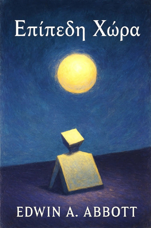 Book cover for 'Επίπεδη Χώρα' by Edwin A. Abbott, featuring a textured painting of a glowing yellow moon over a stylized figure on a dark blue background.