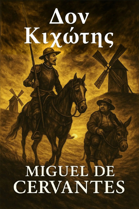Book cover for 'Δον Κιχώτης' by Miguel de Cervantes, featuring a sepia-toned illustration of two riders with windmills in the background and the title and author name in white text.