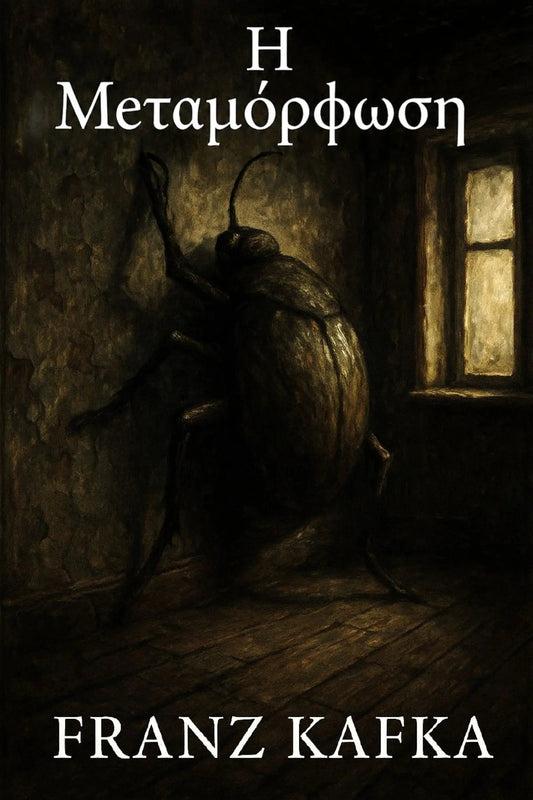 Book cover for 'Η Μεταμόρφωση' by Franz Kafka, featuring a dark, moody illustration of a giant beetle in a dimly lit room with a window.