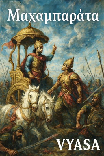 Book cover for 'Μαχαμπαράτα' featuring a classical oil painting of an ancient warrior in armor standing before a horse-drawn chariot under a cloudy blue sky.