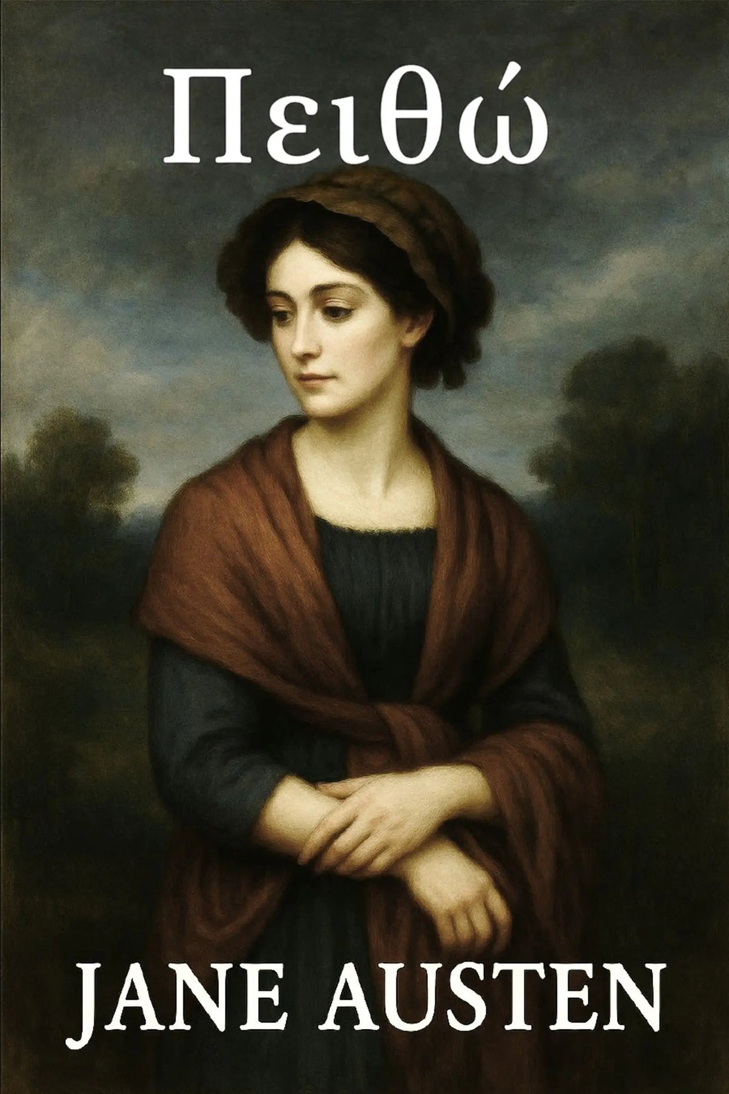 Book cover for 'Πειθώ' by Jane Austen, featuring a classical oil painting portrait of Jane Austen with a brown shawl and dark dress against a moody, cloudy sky background.