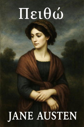 Book cover for 'Πειθώ' by Jane Austen, featuring a classical oil painting portrait of Jane Austen with a brown shawl and dark dress against a moody, cloudy sky background.