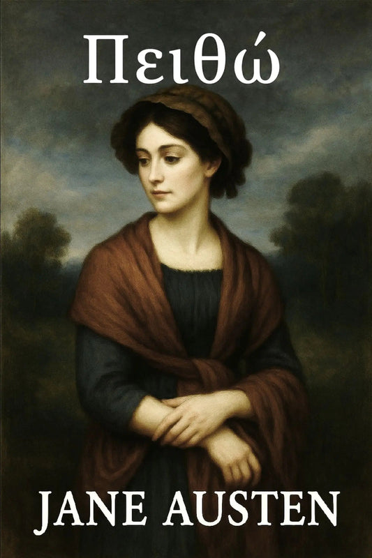 Book cover for 'Πειθώ' by Jane Austen, featuring a classical oil painting portrait of Jane Austen with a brown shawl and dark dress against a moody, cloudy sky background.