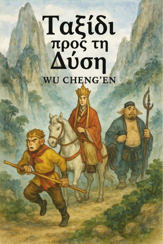 Book cover for 'Ταξίδι προς τη Δύση' by Wu Cheng'en, featuring an illustration of three figures traveling through a mountain landscape, with one on a white horse and another carrying a spear.