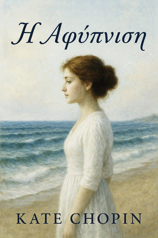 Book cover for 'Η Αφύπνιση' by Kate Chopin, featuring a classical painting of a woman in a white dress standing on a beach by the sea, with the title in Greek at the top and the author's name at the bottom.