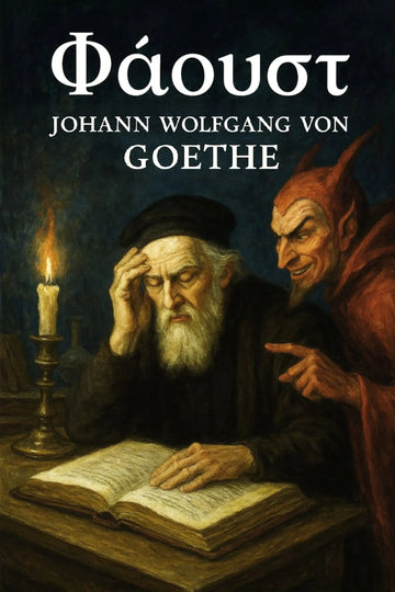 Book cover for Johann Wolfgang von Goethe's 'Φάουστ' featuring a dark, dramatic painting of an elderly man with a white beard reading an open book, with a red-robed devil-like figure beside him and a lit candle on a table.