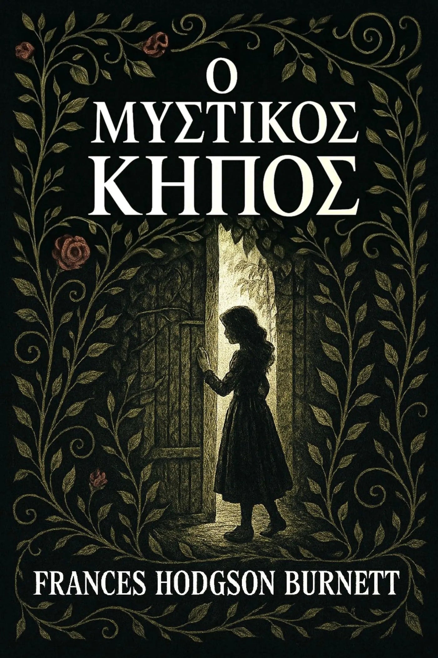 Book cover for 'Ο μυστικός κήπος' by Frances Hodgson Burnett, featuring a dark illustration of a girl standing in a doorway framed by ornate vines and roses on a black background.