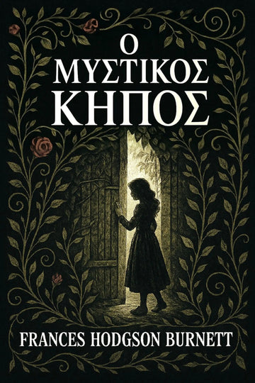 Book cover for 'Ο μυστικός κήπος' by Frances Hodgson Burnett, featuring a dark illustration of a girl standing in a doorway framed by ornate vines and roses on a black background.