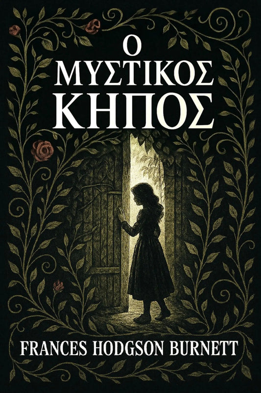 Book cover for 'Ο μυστικός κήπος' by Frances Hodgson Burnett, featuring a dark illustration of a girl standing in a doorway framed by ornate vines and roses on a black background.