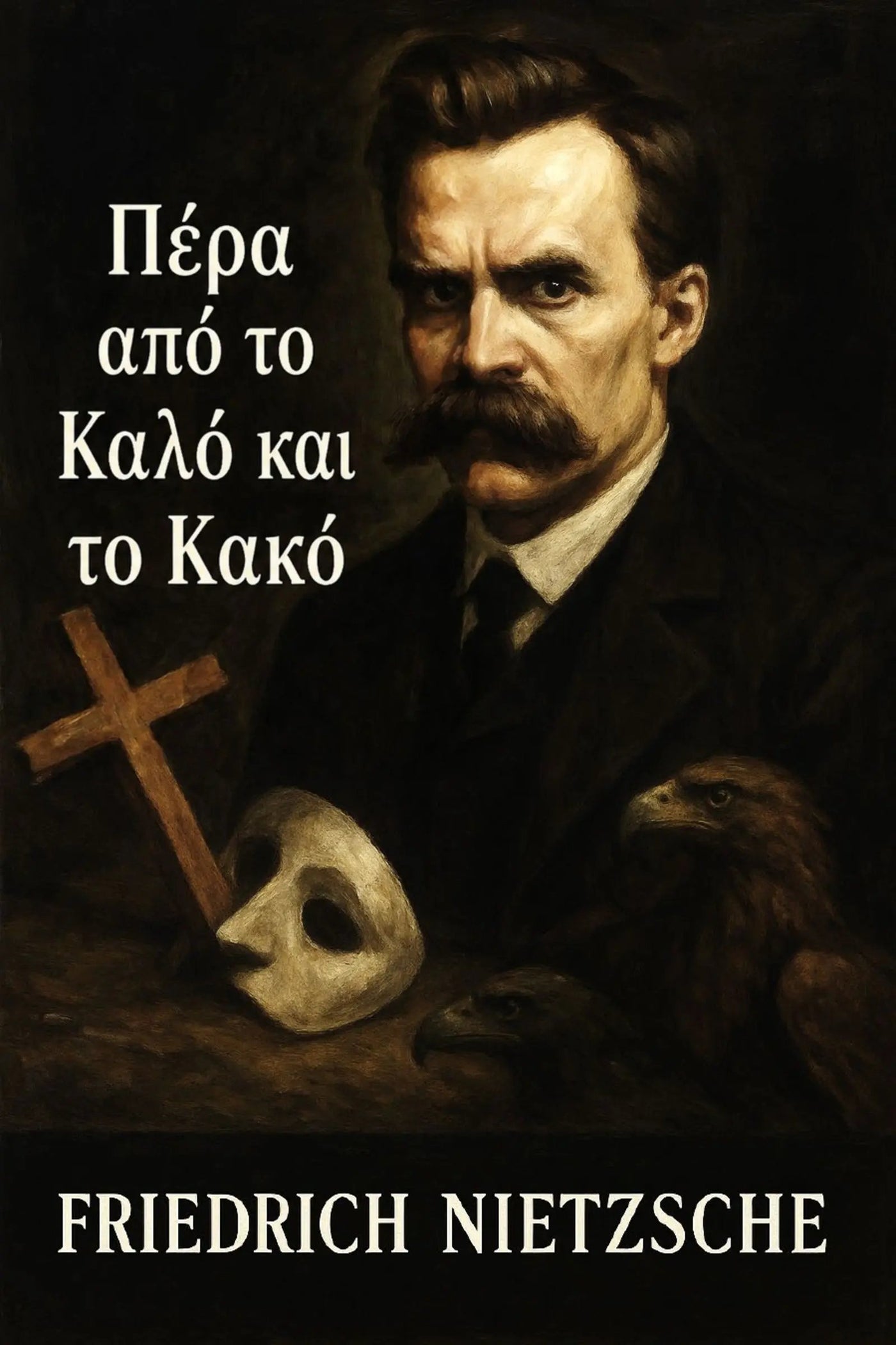Book cover for 'Πέρα από το Καλό και το Κακό' featuring a dark, classical-style portrait of Friedrich Nietzsche with a mustache, alongside a wooden cross, a white mask, and a bird. 