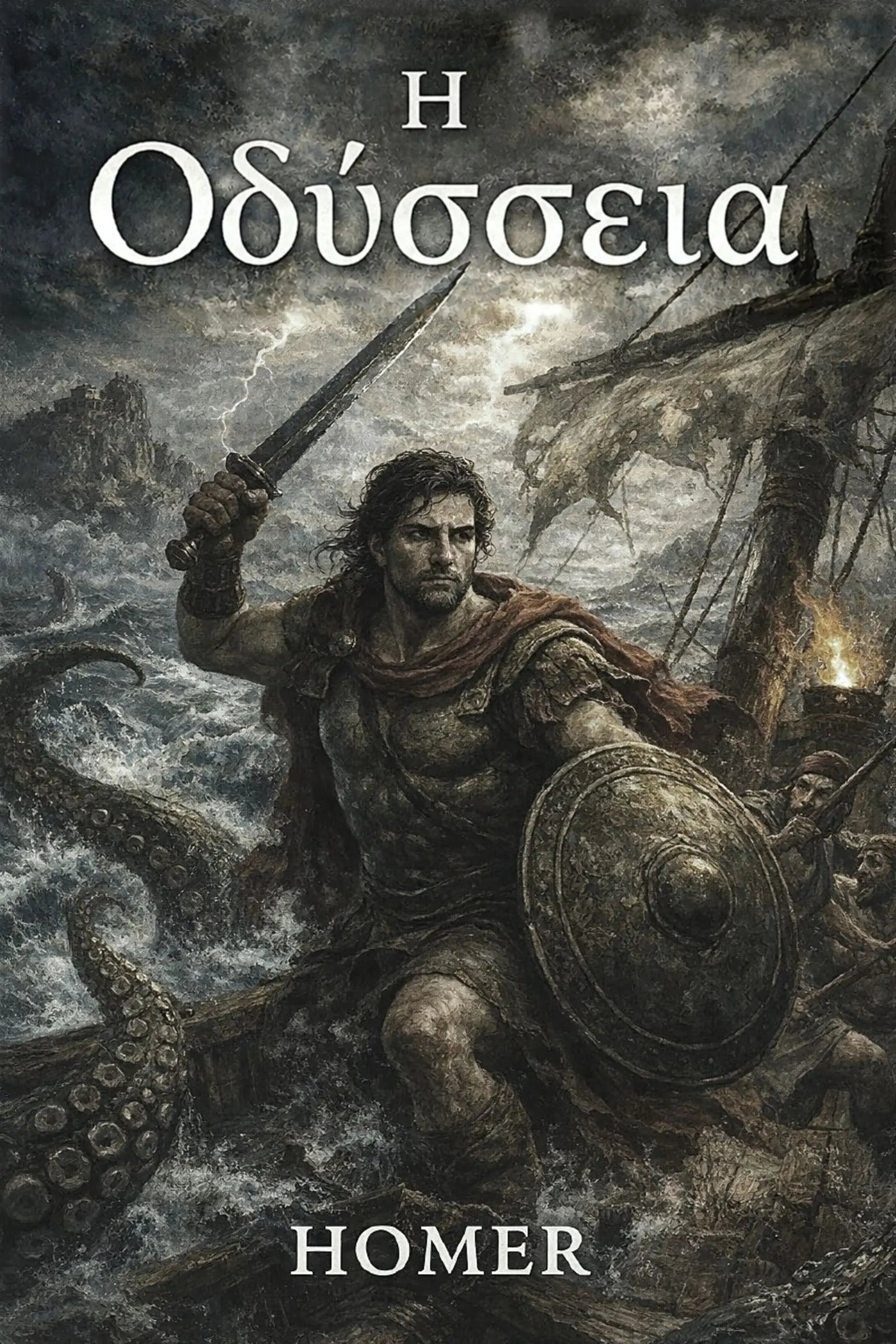 Book cover for 'Η Οδύσσεια' by Homer, featuring a dramatic illustration of a warrior battling a giant octopus on stormy seas, with a ship in the background and the title text at the top.