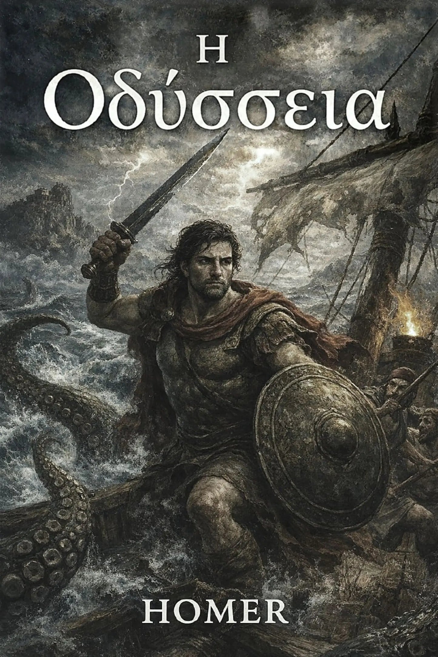 Book cover for 'Η Οδύσσεια' by Homer, featuring a dramatic illustration of a warrior battling a giant octopus on stormy seas, with a ship in the background and the title text at the top.