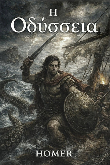 Book cover for 'Η Οδύσσεια' by Homer, featuring a dramatic illustration of a warrior battling a giant octopus on stormy seas, with a ship in the background and the title text at the top.