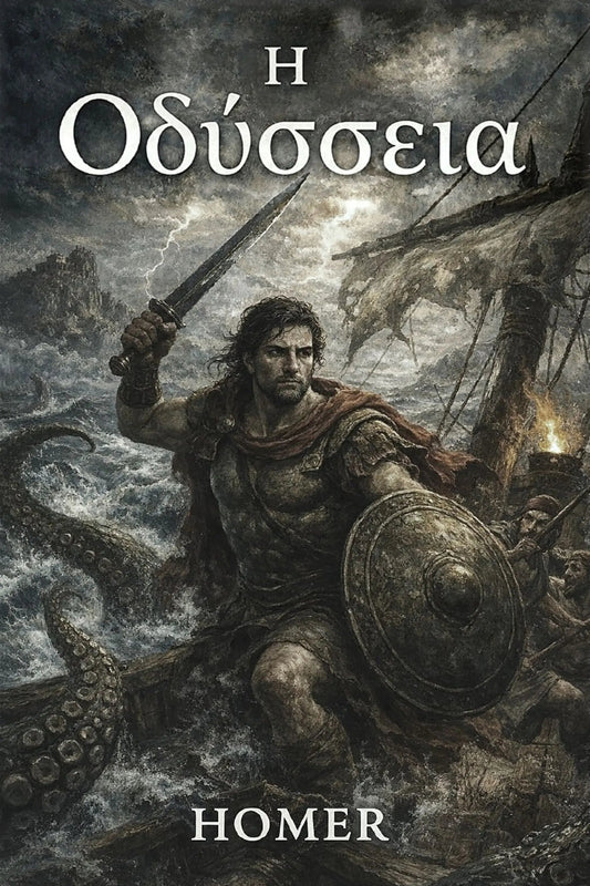 Book cover for 'Η Οδύσσεια' by Homer, featuring a dramatic illustration of a warrior battling a giant octopus on stormy seas, with a ship in the background and the title text at the top.