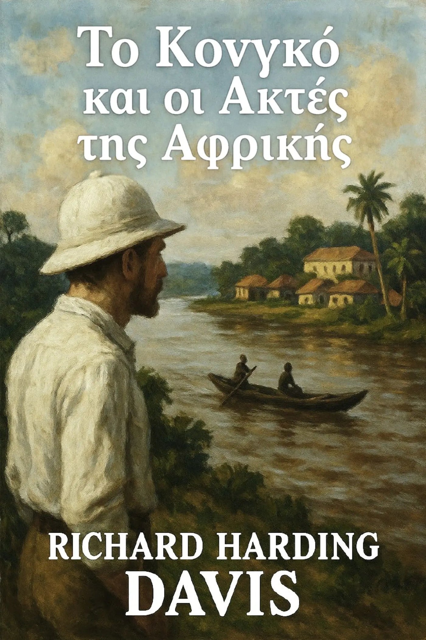 Book cover for 'Το Κονγκό και οι Ακτές της Αφρικής' by Richard Harding Davis, featuring a painted scene of a man in a white hat looking out at a river with boats and coastal buildings.