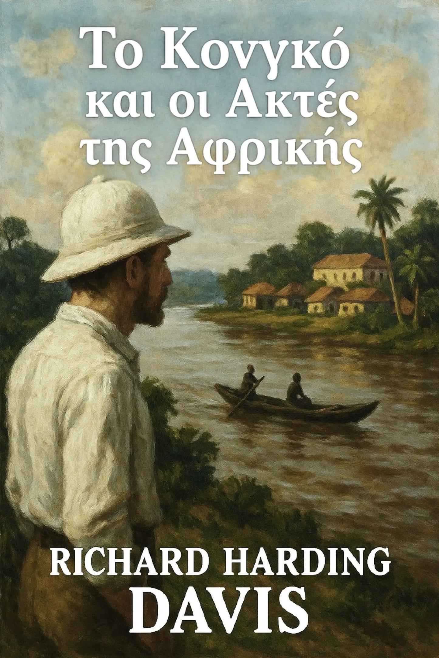 Book cover for 'Το Κονγκό και οι Ακτές της Αφρικής' by Richard Harding Davis, featuring a painted scene of a man in a white hat looking out at a river with boats and coastal buildings.