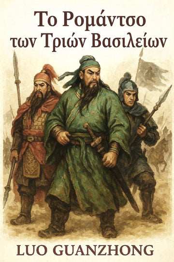 Book cover for 'Το Ρομάντσο των Τριών Βασιλείων' by Luo Guanzhong, featuring an illustration of three historical Chinese soldiers in green, red, and dark armor on a beige background.
