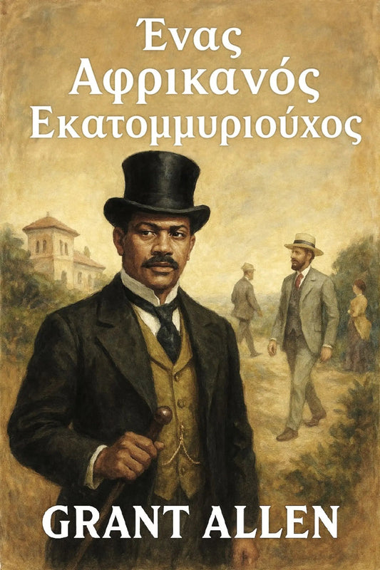 Book cover for 'Ένας Αφρικανός Εκατομμυριούχος' by Grant Allen, featuring a painted portrait of a man in a black top hat and dark coat against a sepia-toned historical background.