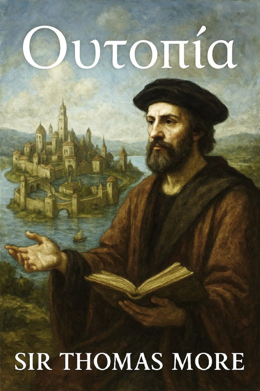 Book cover for 'Ουτοπία' by Sir Thomas More, featuring a classical painting of a bearded man in a dark hat and brown robe holding an open book, with a city by the water in the background and the title and author name in white text.