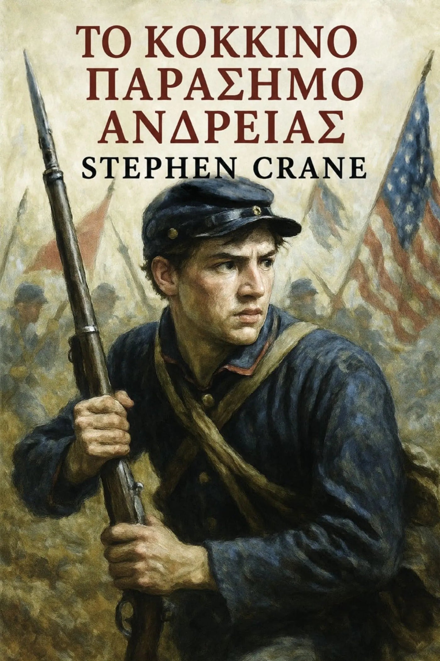 Book cover for 'Το Κόκκινο Παράσημο Ανδρείας' by Stephen Crane, featuring a painted Civil War-era soldier in a blue uniform holding a rifle, with flags and the title text at the top.