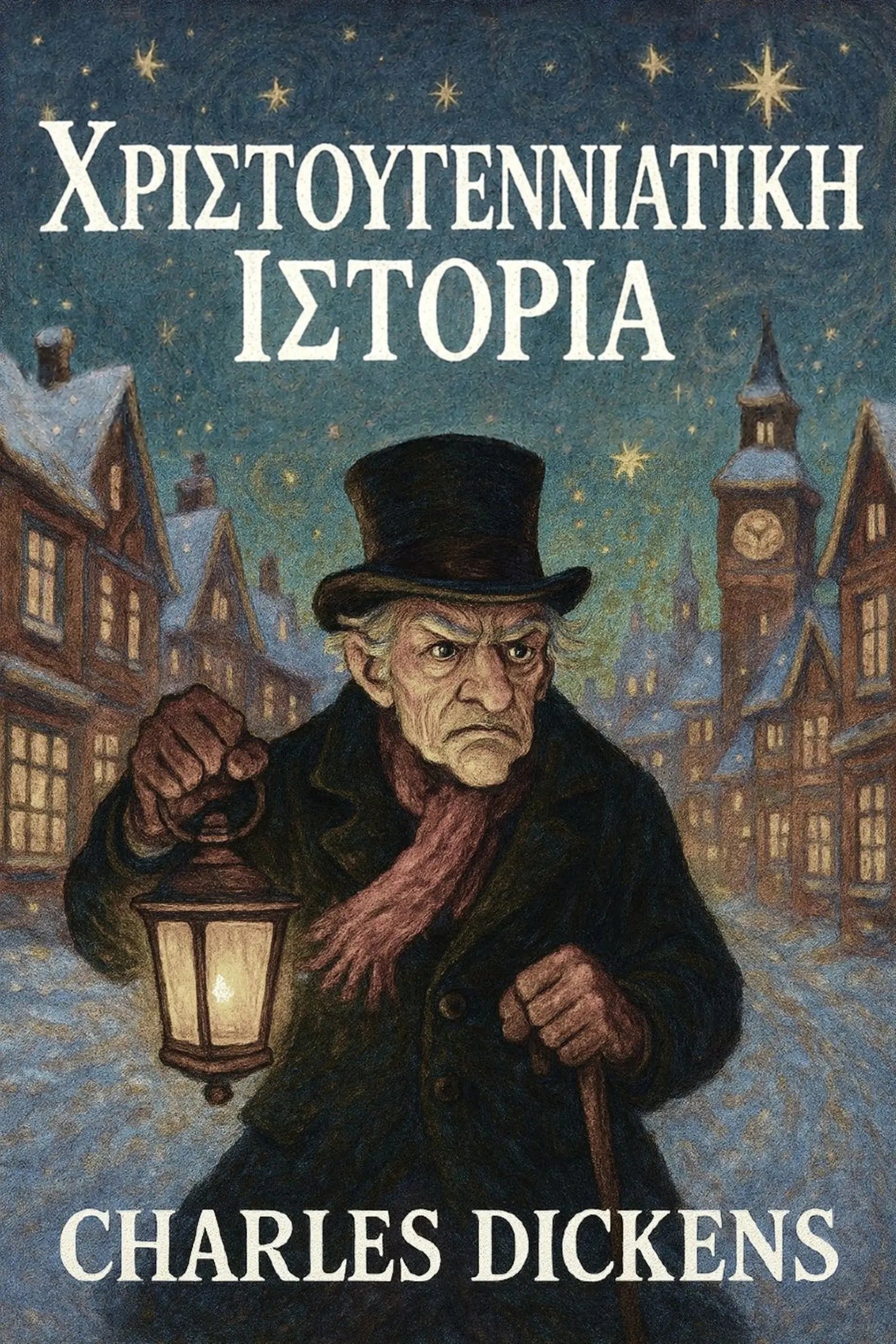 Book cover for 'Χριστουγεννιάτικη ιστορία' by Charles Dickens, featuring an illustration of an old man in a top hat and coat holding a lantern in a snowy village at night.