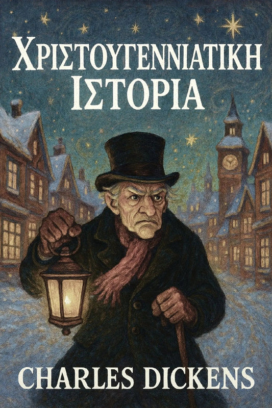 Book cover for 'Χριστουγεννιάτικη ιστορία' by Charles Dickens, featuring an illustration of an old man in a top hat and coat holding a lantern in a snowy village at night.