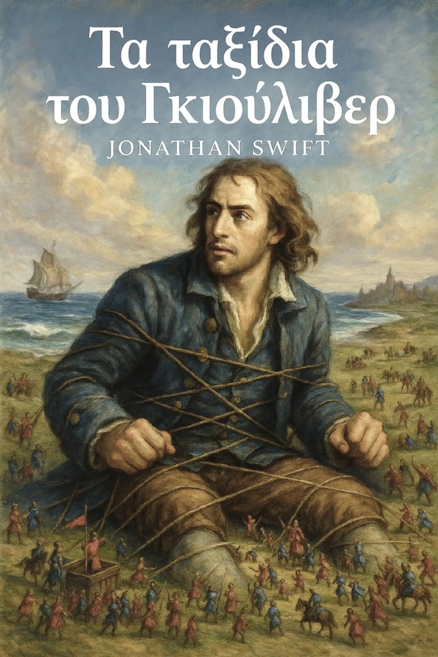 Book cover for 'Τα ταξίδια του Γκιούλιβερ' by Jonathan Swift, featuring a painted illustration of a man bound with ropes on a beach, with a ship and crowd in the background. Greek text is displayed at the top.