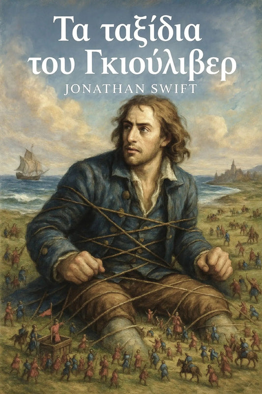 Book cover for 'Τα ταξίδια του Γκιούλιβερ' by Jonathan Swift, featuring a painted illustration of a man bound with ropes on a beach, with a ship and crowd in the background. Greek text is displayed at the top.