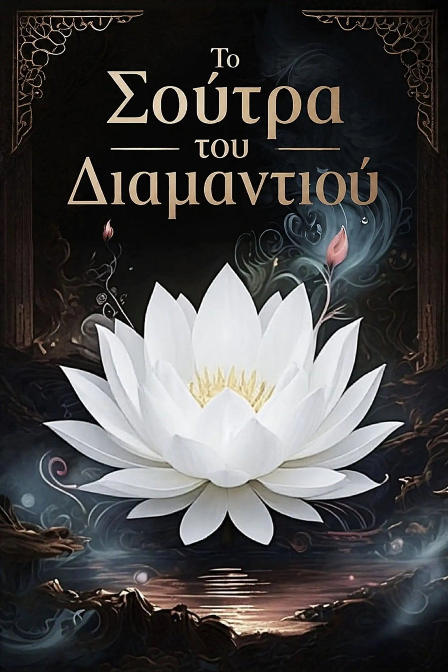 A dark fantasy-style cover design for 'Το Σούτρα του Διαμαντιού' featuring a large white lotus flower with a yellow center floating above a reflective water surface. 