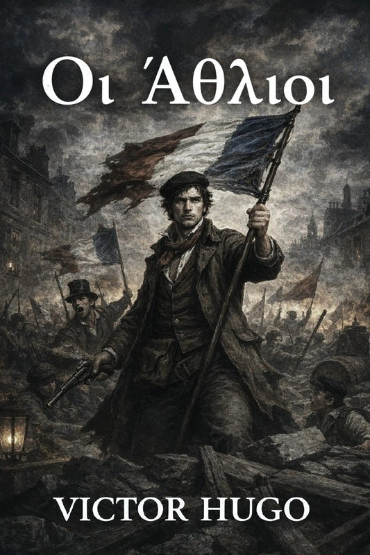 Book cover for 'Οι Άθλιοι' by Victor Hugo, featuring a dark, dramatic historical battle scene with a central soldier holding a French flag, with the title and author name in white text.