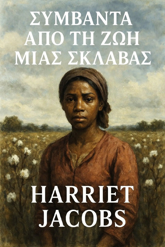 Book cover for 'Συμβάντα από τη ζωή μιας σκλάβας' by Harriet Jacobs, featuring a painted portrait of a woman in a field with white text overlays.