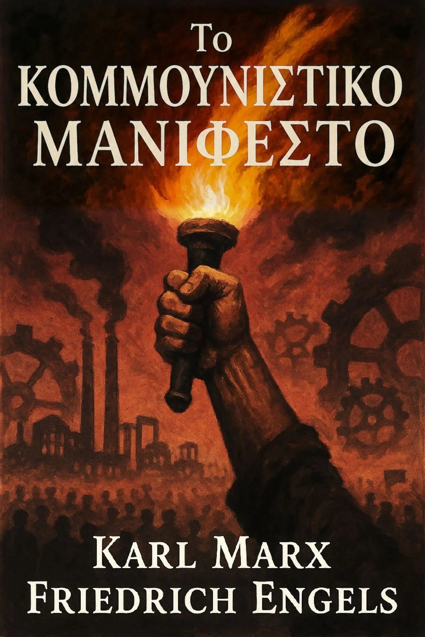 Book cover for 'Το Κομμουνιστικό Μανιφέστο' featuring a dramatic illustration of a hand holding a lit torch above a crowd and industrial skyline, with the title and authors Karl Marx and Friedrich Engels in large white text.