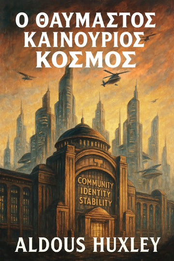 Book cover for 'Ο θαυμαστός καινούριος κόσμος' by Aldous Huxley, featuring a futuristic cityscape with domed architecture, helicopters, and tall spires under a warm orange sky.
