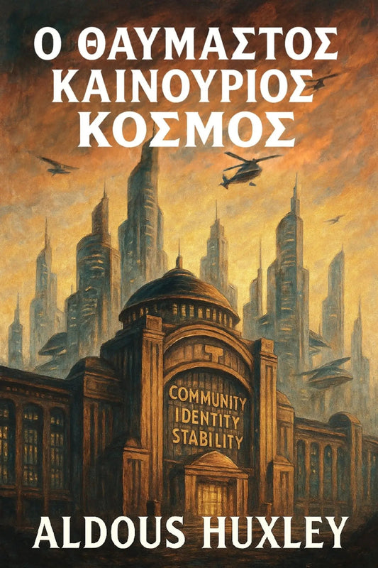 Book cover for 'Ο θαυμαστός καινούριος κόσμος' by Aldous Huxley, featuring a futuristic cityscape with domed architecture, helicopters, and tall spires under a warm orange sky.
