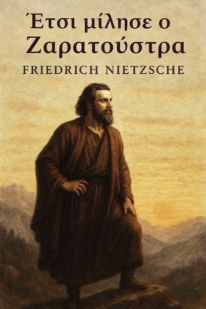 Book cover of 'Έτσι μίλησε ο Ζαρατούστρα' by Friedrich Nietzsche with a classical illustration of a man on a mountain.