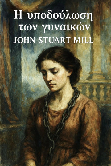 Book cover for 'Η υποδούλωση των γυναικών' by John Stuart Mill, featuring a classical painting of a woman in a brown dress with a chain, with white Greek and English text at the top.