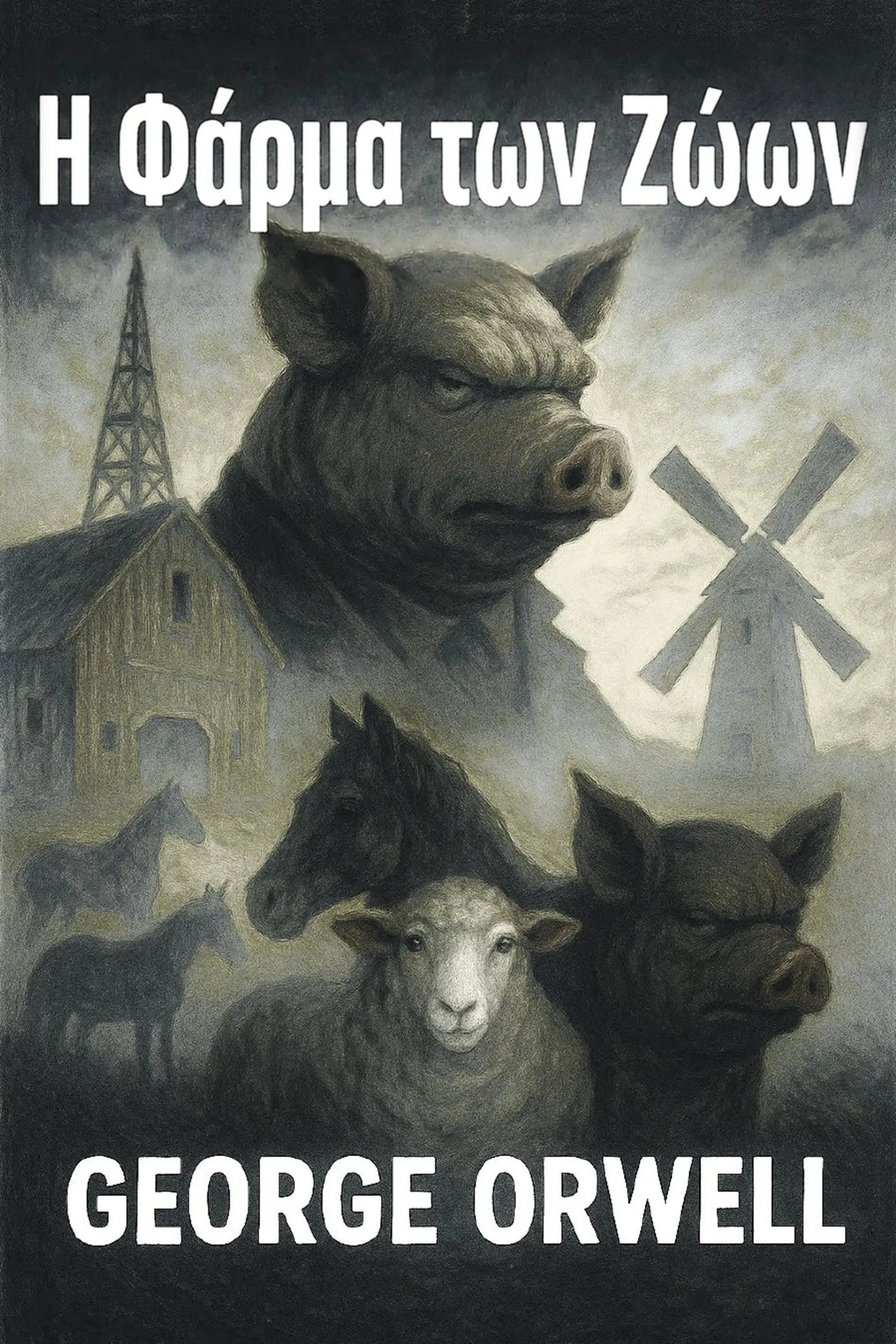 Book cover for George Orwell's 'Η Φάρμα των Ζώων' featuring a dark, atmospheric illustration of pigs, a sheep, horses, and a windmill, with the title and author name in bold white text.