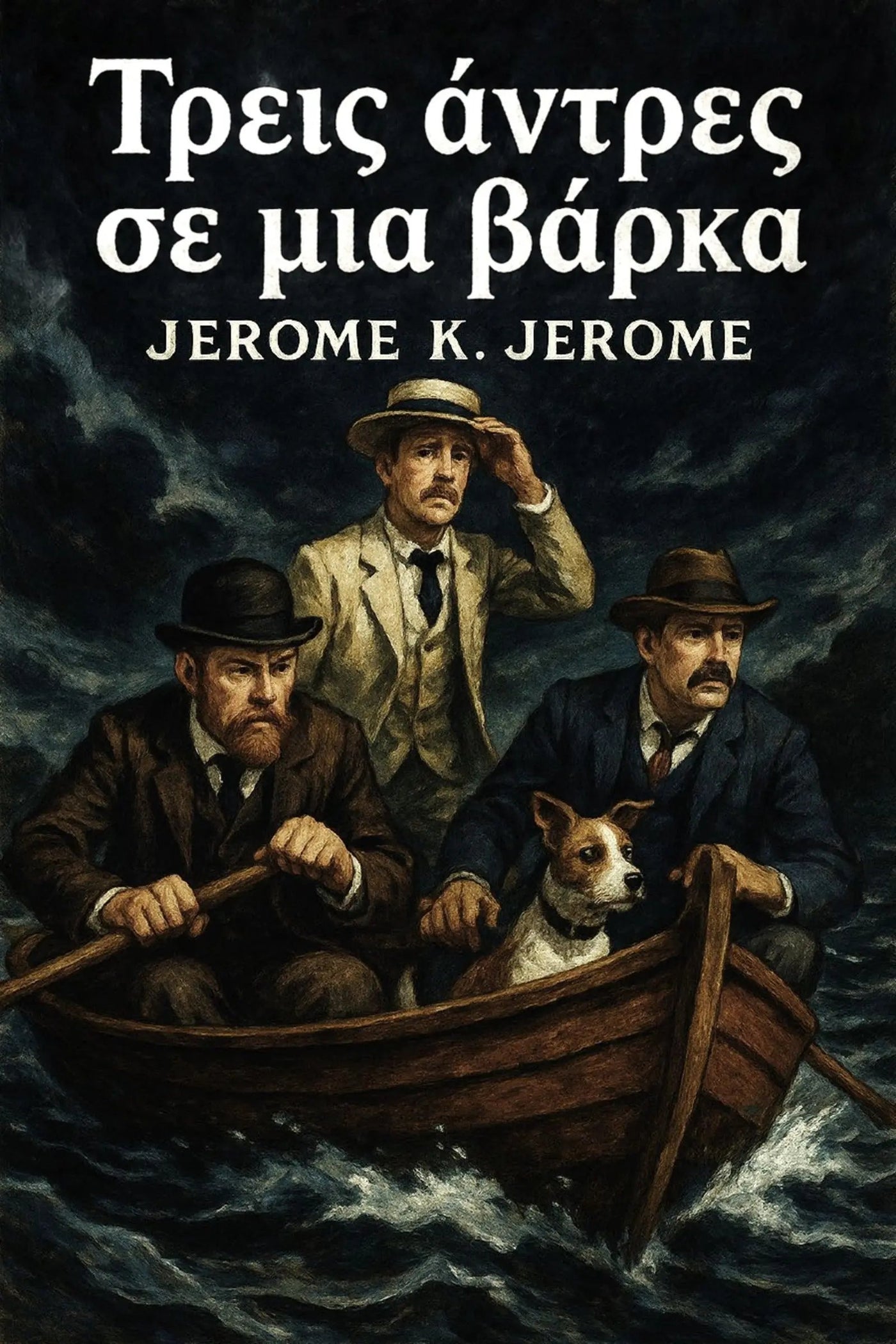 Book cover for 'Τρεις άντρες σε μια βάρκα' by Jerome K. Jerome, featuring an illustration of three men in a small boat on dark, stormy water, with the title in large white Greek text at the top.