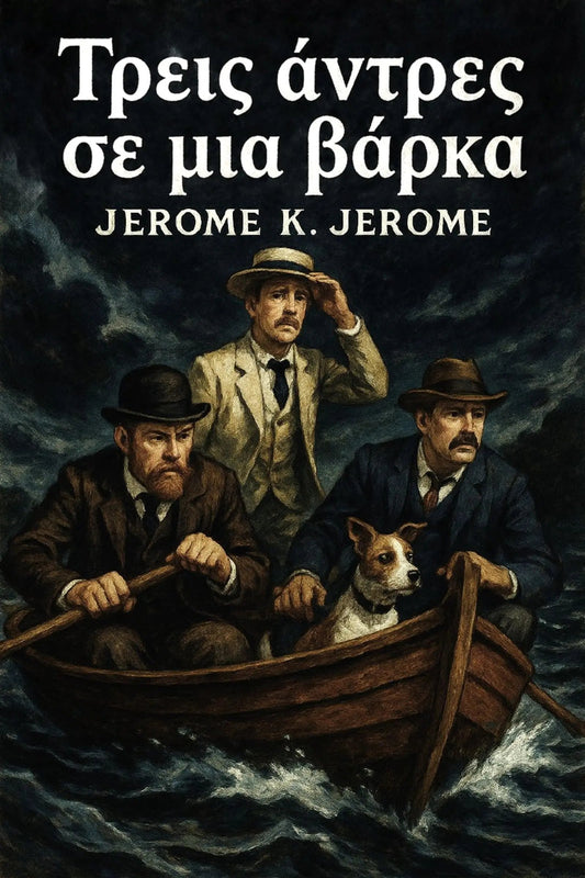Book cover for 'Τρεις άντρες σε μια βάρκα' by Jerome K. Jerome, featuring an illustration of three men in a small boat on dark, stormy water, with the title in large white Greek text at the top.