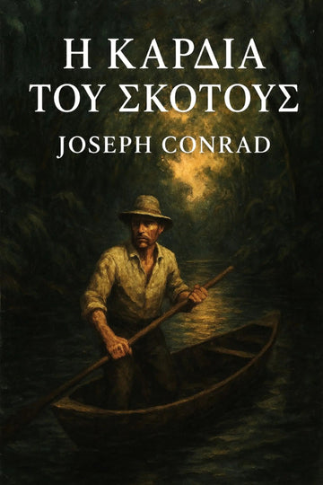 Book cover for 'Η Καρδιά του Σκότους' by Joseph Conrad, featuring a dark, moody illustration of a man rowing a small boat on water at night, with the title and author name in white text at the top.